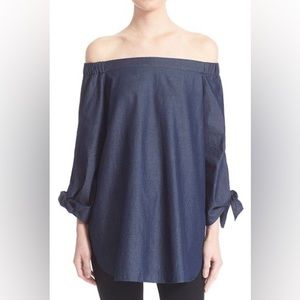 TIBI CHAMBRAY DENIM OFF SHOULDER TIE CUFF BLOUSE SIZE 4 SMALL